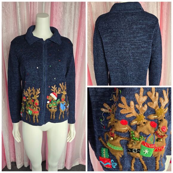 Tiara International Vintage Embellished Rhinestone Reindeer Sweater Size Large - Picture 1 of 13